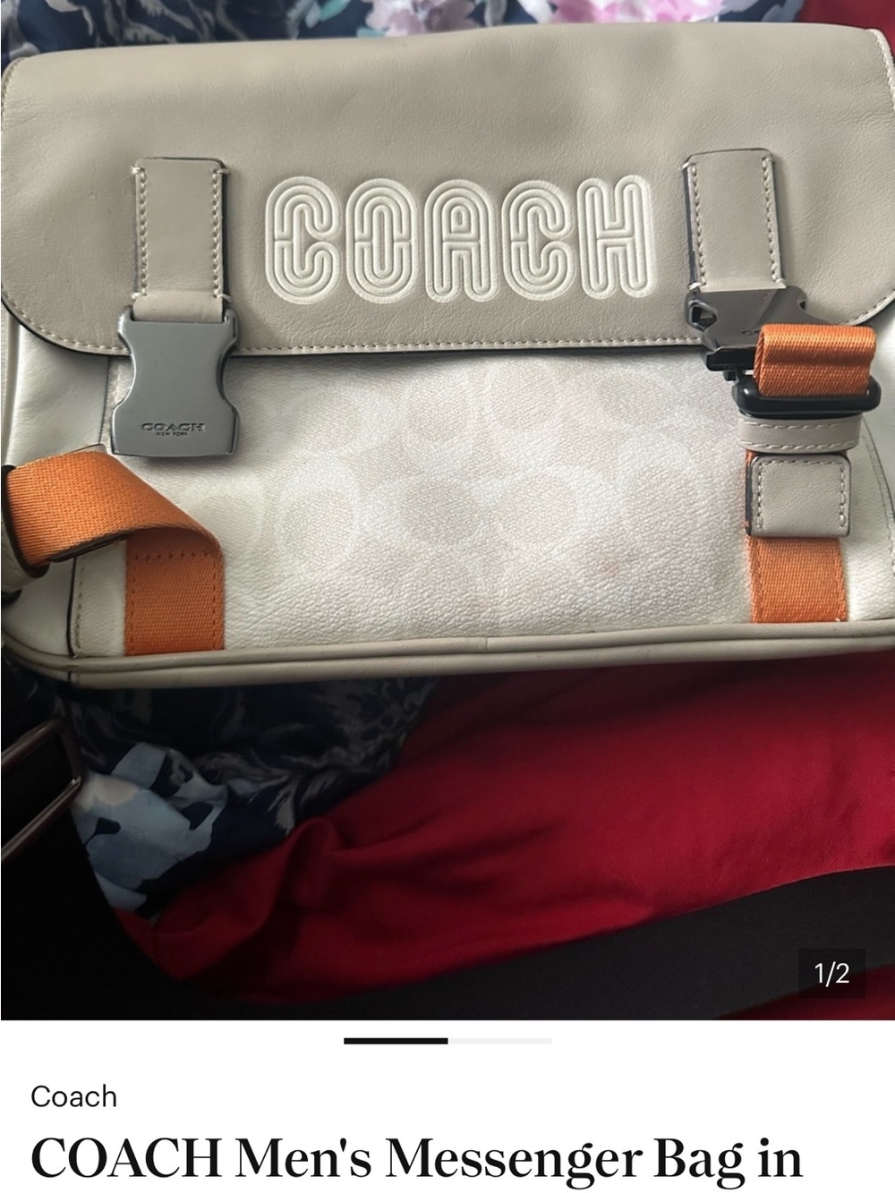 Coach Men’s Messenger Bag in Light Gray with Orange Straps